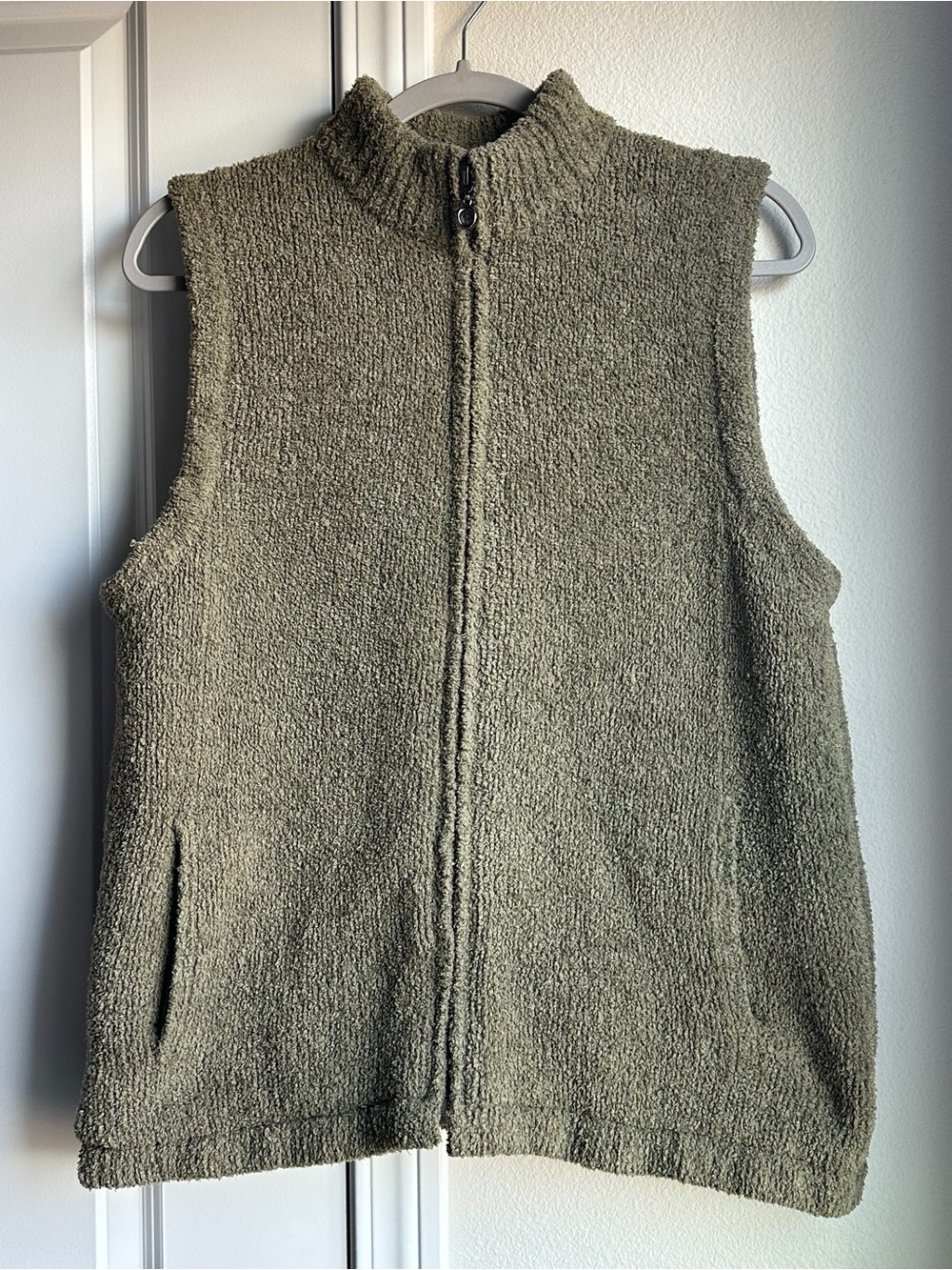 Olive Green Zip-Front Plush Knit Vest